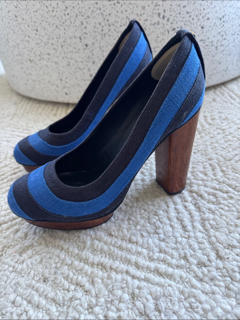 Tory Burch Striped Platform Pumps with Wood heels